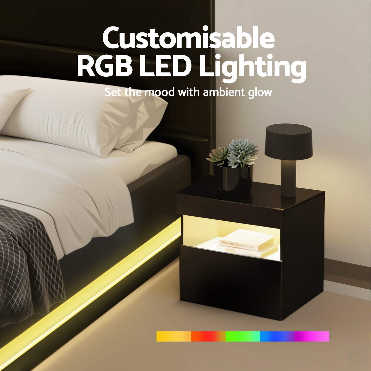 Lumina LED Bed Frame with Bedside Table – Black – Double