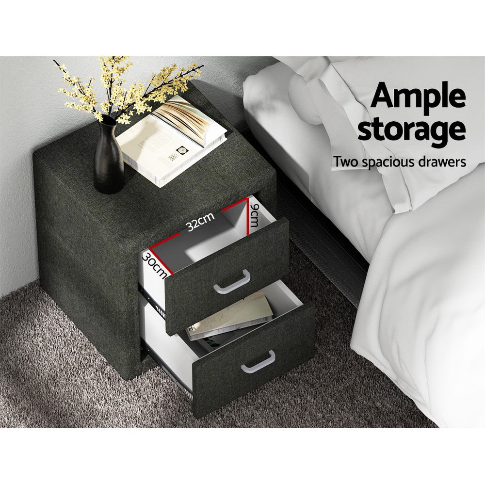 Caden Fabric Bedside Table – Charcoal – 2 Drawer