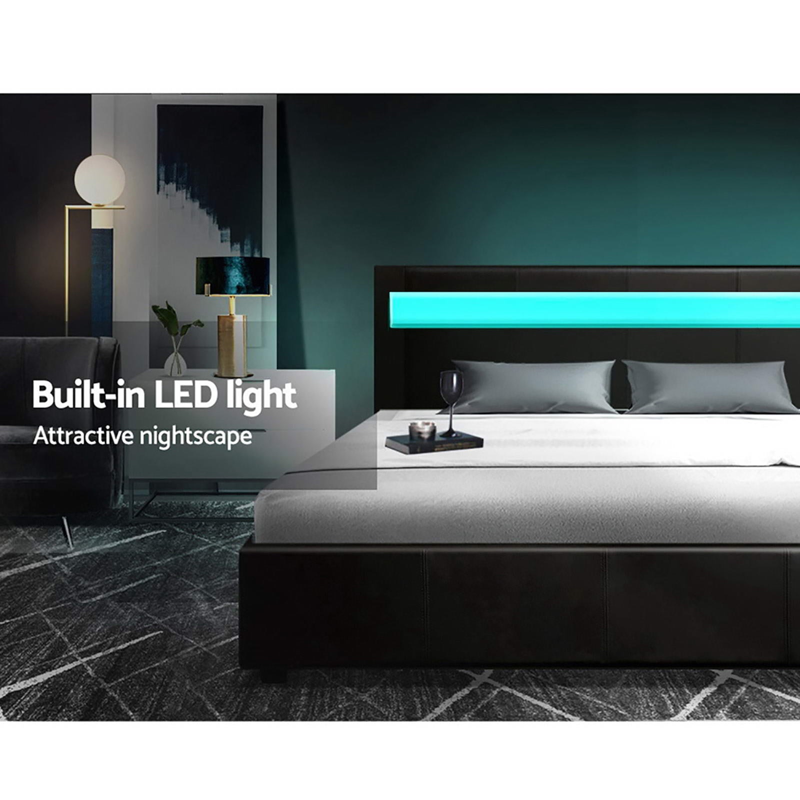 Lumera LED Gas Lift Leather Bed Frame – Black – Double