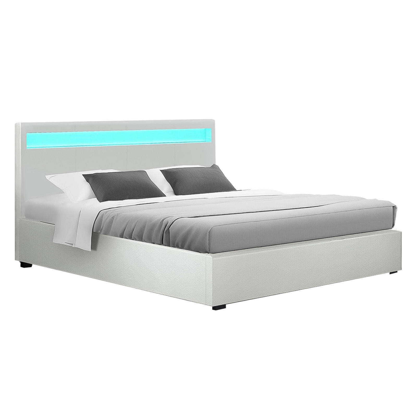 Lumera LED Gas Lift Leather Bed Frame – White – Double