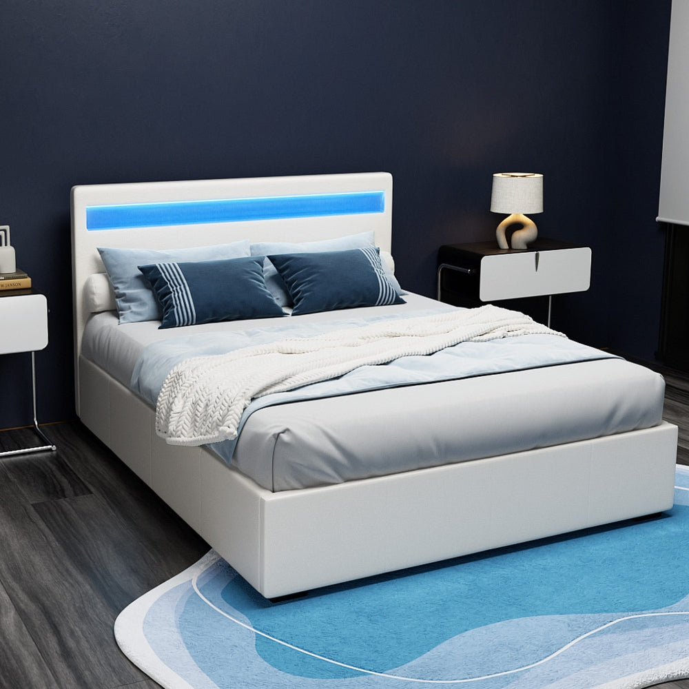Lumera LED Gas Lift Leather Bed Frame – White – Double