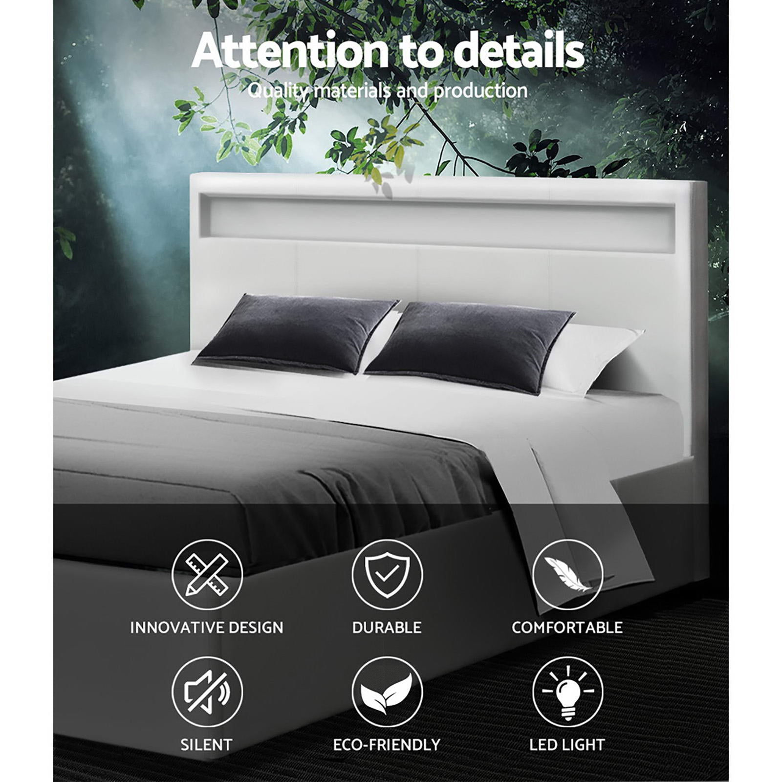 Lumera LED Gas Lift Leather Bed Frame – White – Double