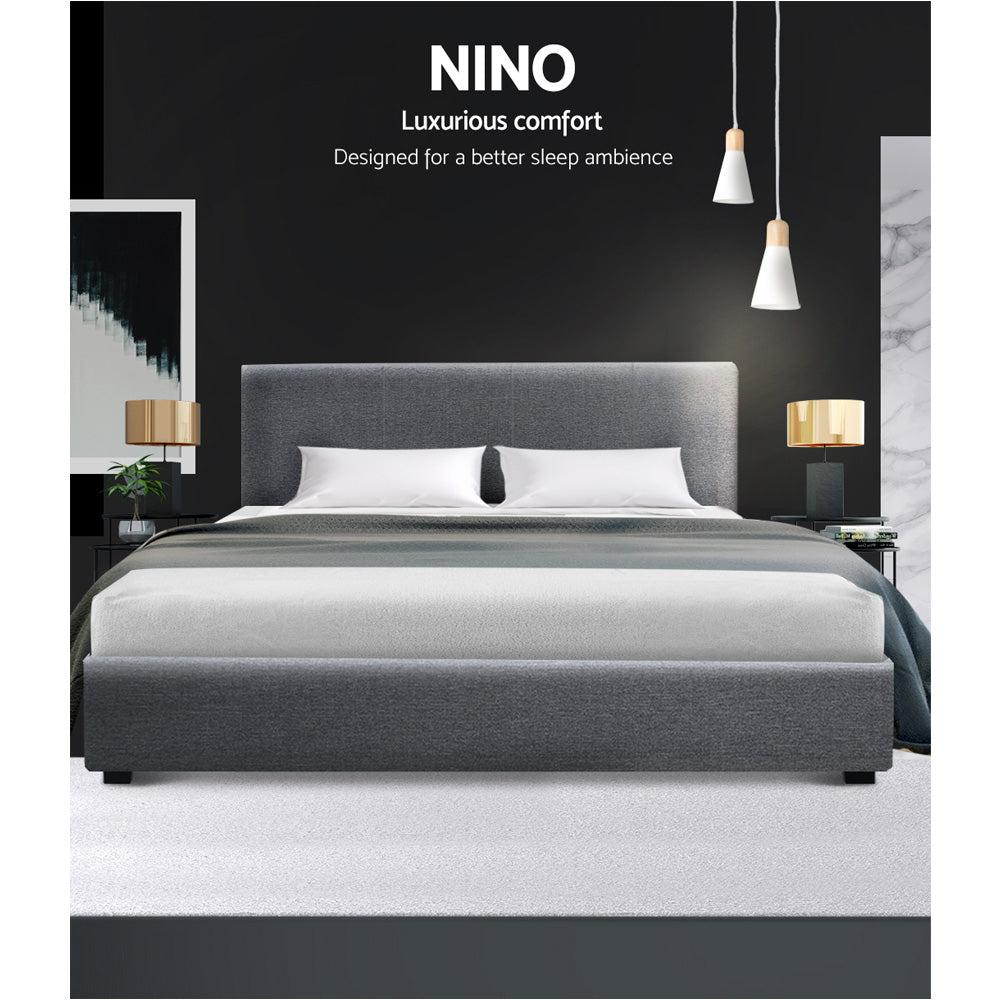 Hudson Gas Lift Linen Bed Frame – Grey – Queen