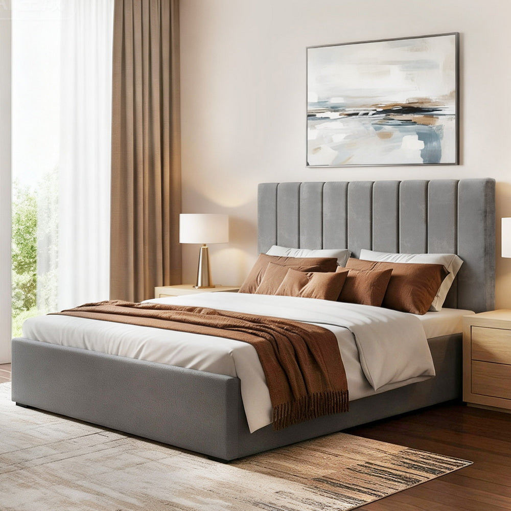 Arlo Bed Frame with Storage Grey Velvet Headboard Gas Lift Platform Base – Queen
