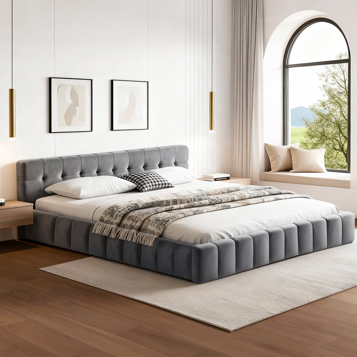 Cove Bed Frame Plush Soft Headboard Velvet Platform Base for Modern Bedrooms Grey – King