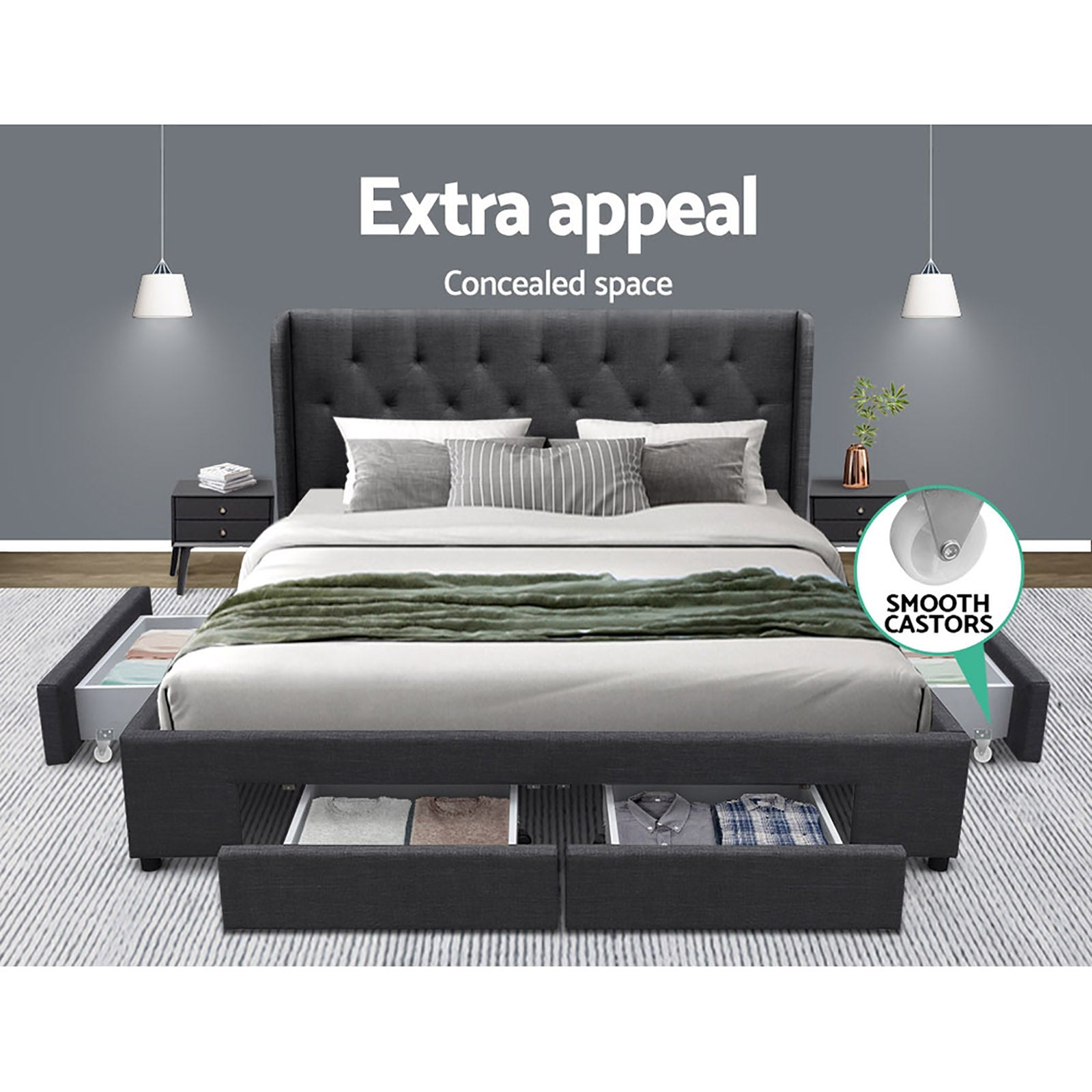 Marston Linen Storage Bed Frame – Charcoal – Queen