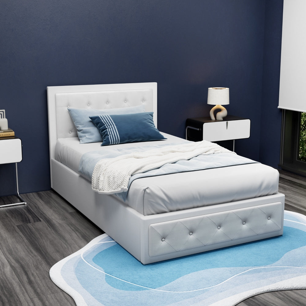 Ardmore Gas Lift Leather Bed Frame – White – King Single