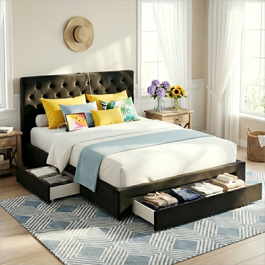 Linden Bed Frame Storage Charging Station Upholstered 3 Drawers USB Type - C – Double