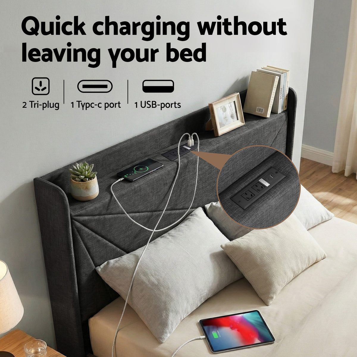 Rowan Gas Lift Storage Bed Frame – Charcoal Grey – Queen