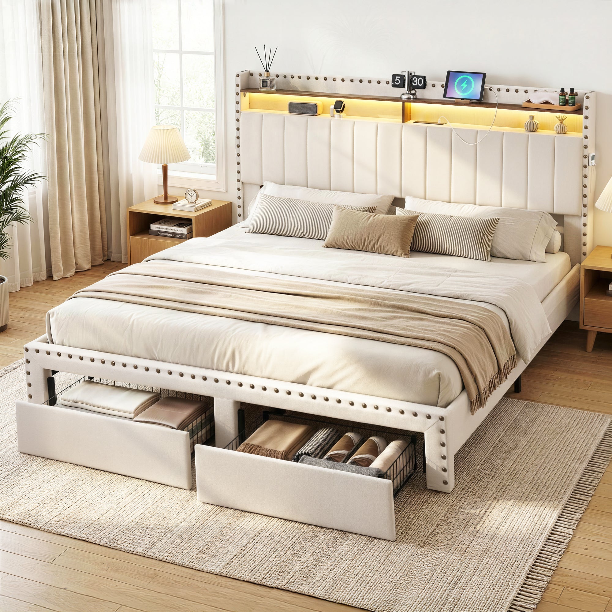 Arlo Upholstered Bed Frame with Shelf Storage Drawers Charging Station Mood Lighting Linen – King
