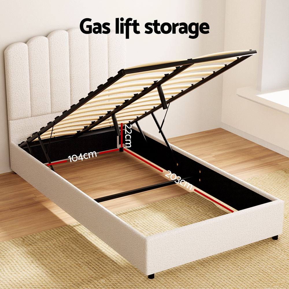 Fiora Bouclé Gas Lift Bed Frame – Beige – King Single