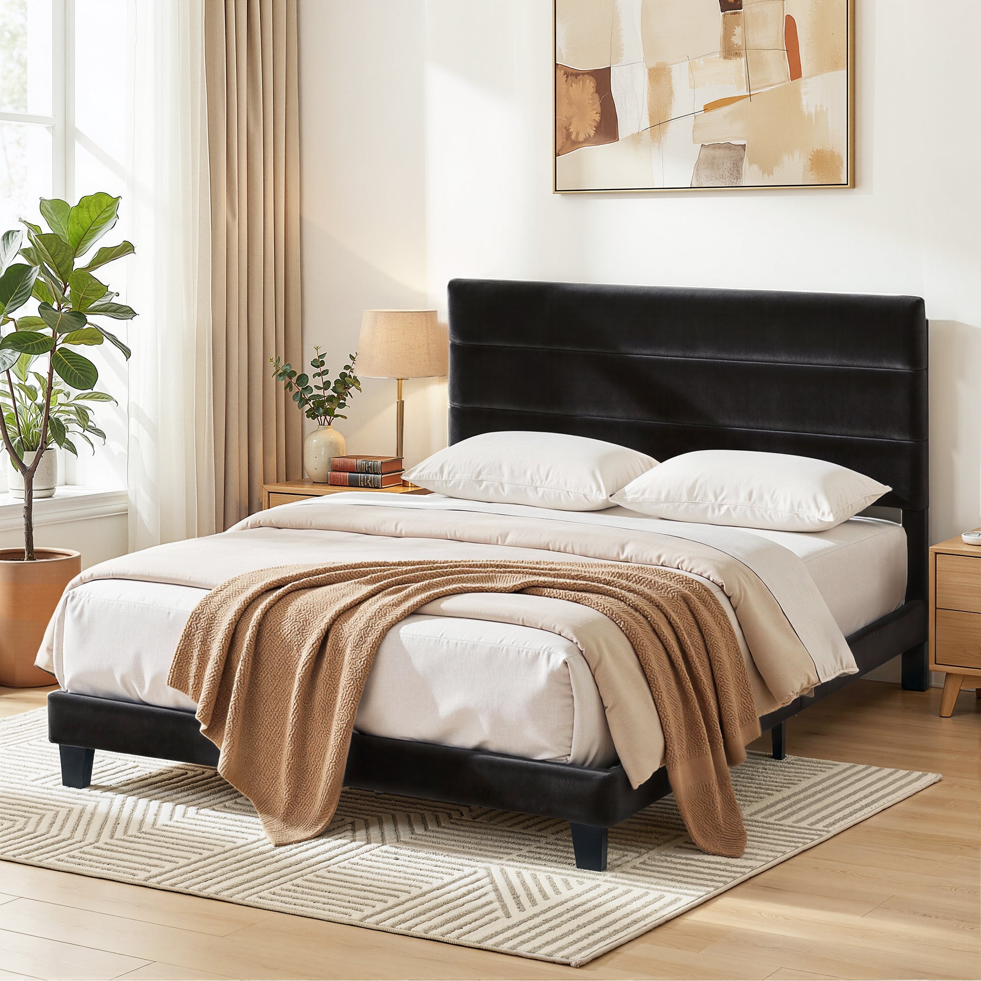 Arlo Bed Frame Upholstered Platform Base with Geometric Headboard Black Velvet – Double