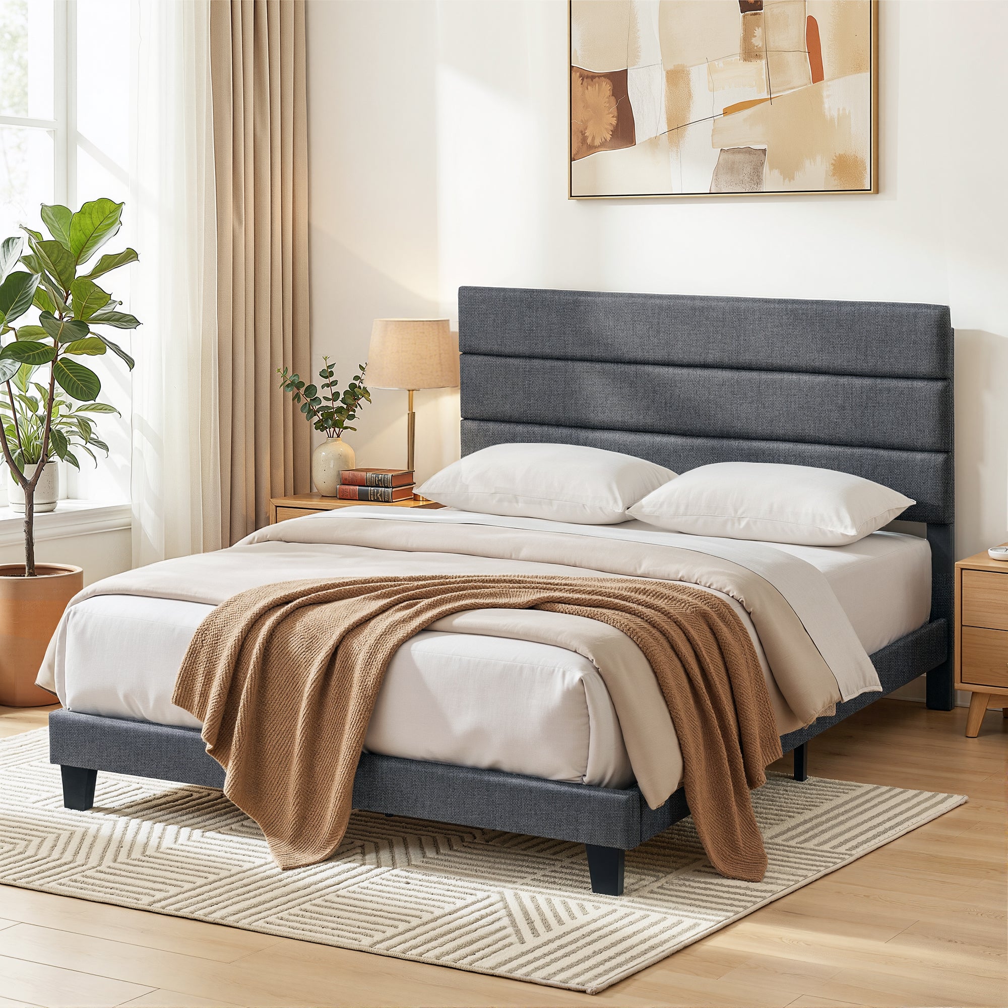 Rowan Bed Frame Upholstered Platform Base with Geometric Headboard Charcoal Grey Linen Wood Slats for Modern Bedroom Furniture Home Decor – Double