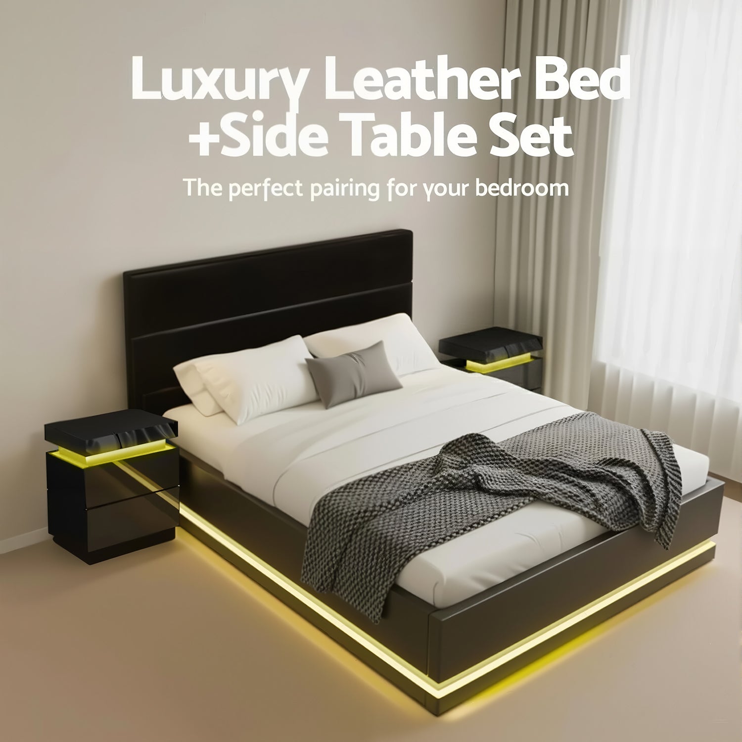 Lumina LED Bed Frame with Bedside Tables – Black – Queen