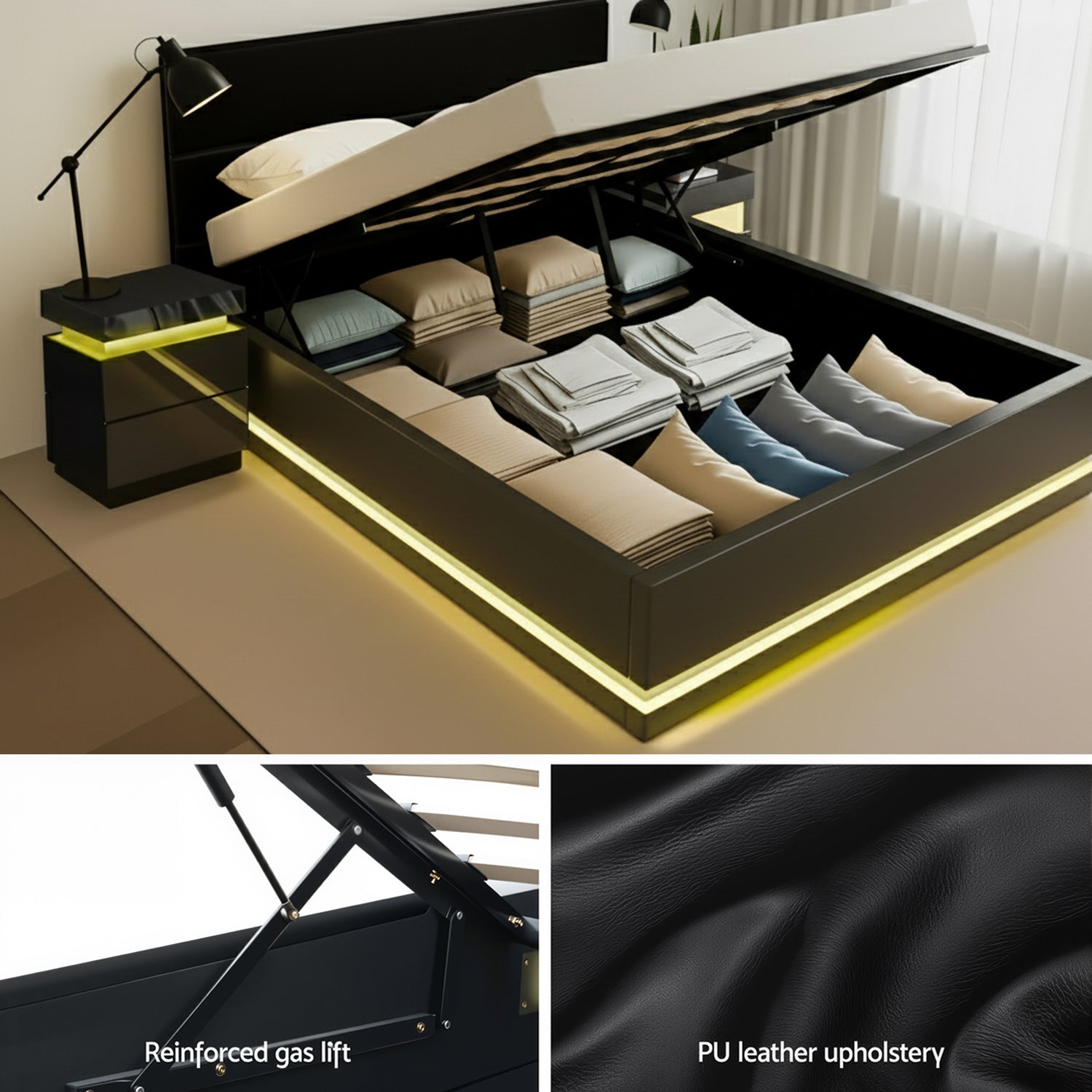 Lumina LED Bed Frame with Bedside Tables – Black – Queen