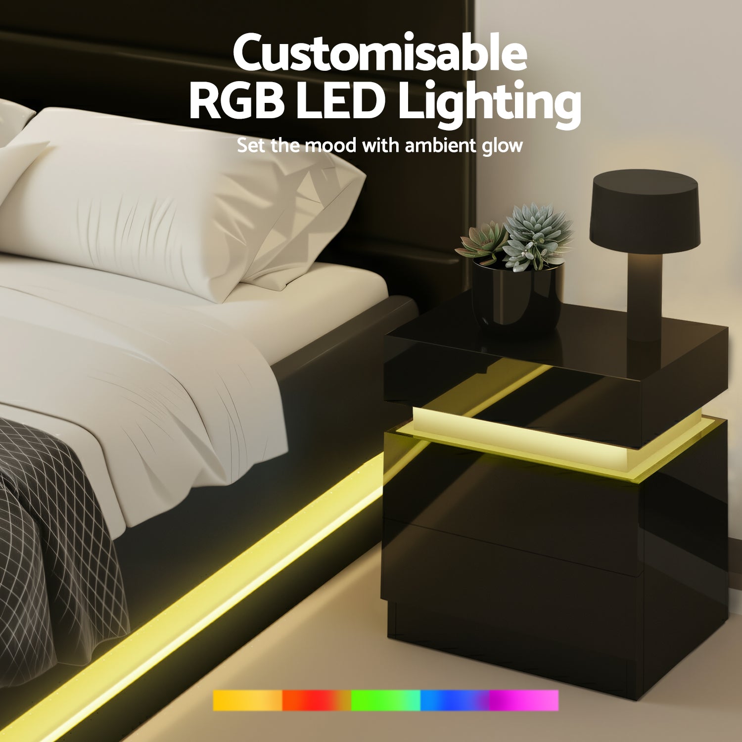 Lumina LED Bed Frame with Bedside Tables – Black – Queen