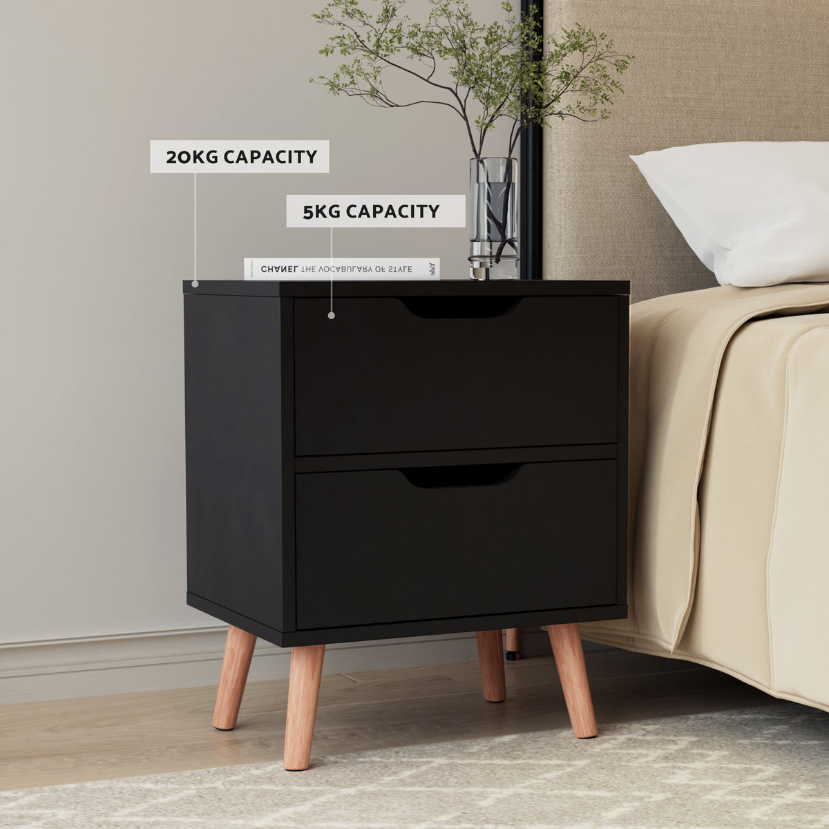 Dara Bed Frame & Bedside Table Set – Beige & Black – Double