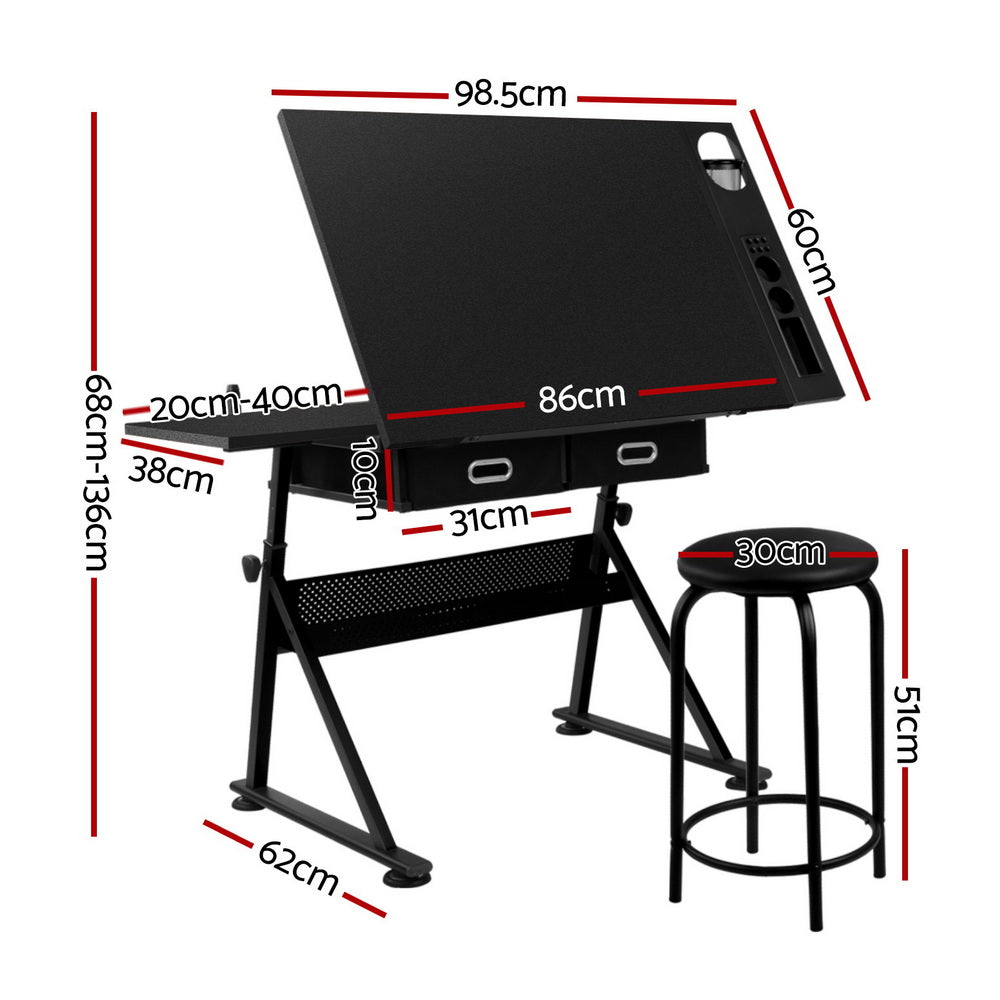 Ashford Drawing Desk with Stool – Black – Standard