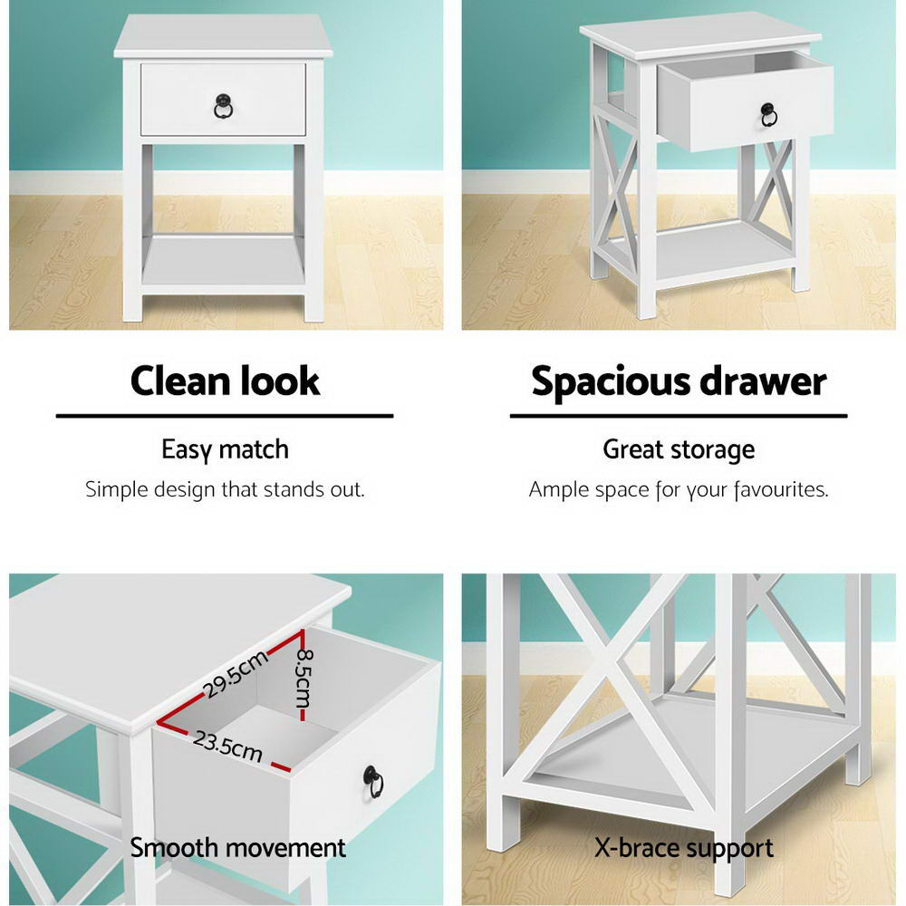Emma Bedside Tables – White – 1 Drawer with Shelf – Set of 2