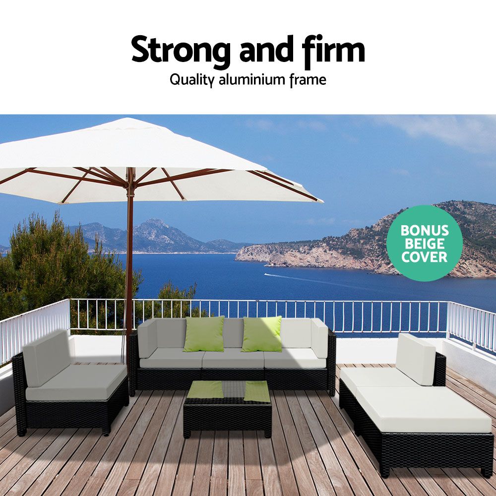 Bondi Outdoor Wicker Sofa Set – Black & Grey – 7 Piece