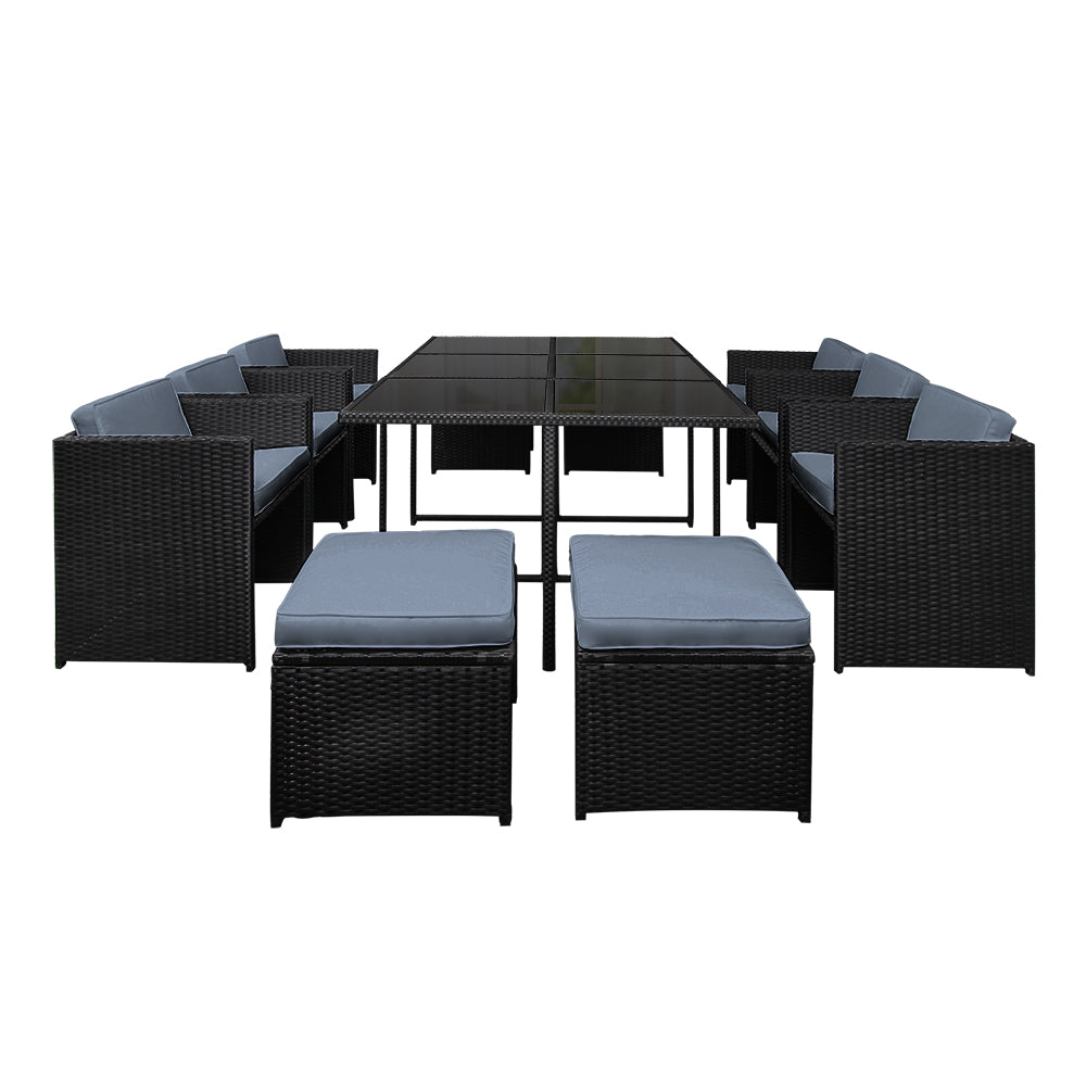 Cortino 11-Piece Outdoor Wicker Dining Set – Black – 10 Seaters
