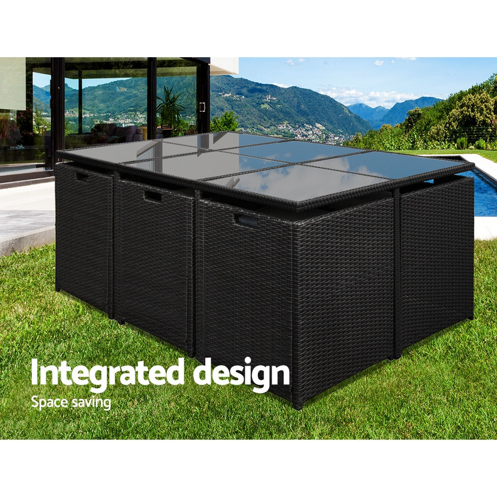 Cortino 11-Piece Outdoor Wicker Dining Set – Black – 10 Seaters