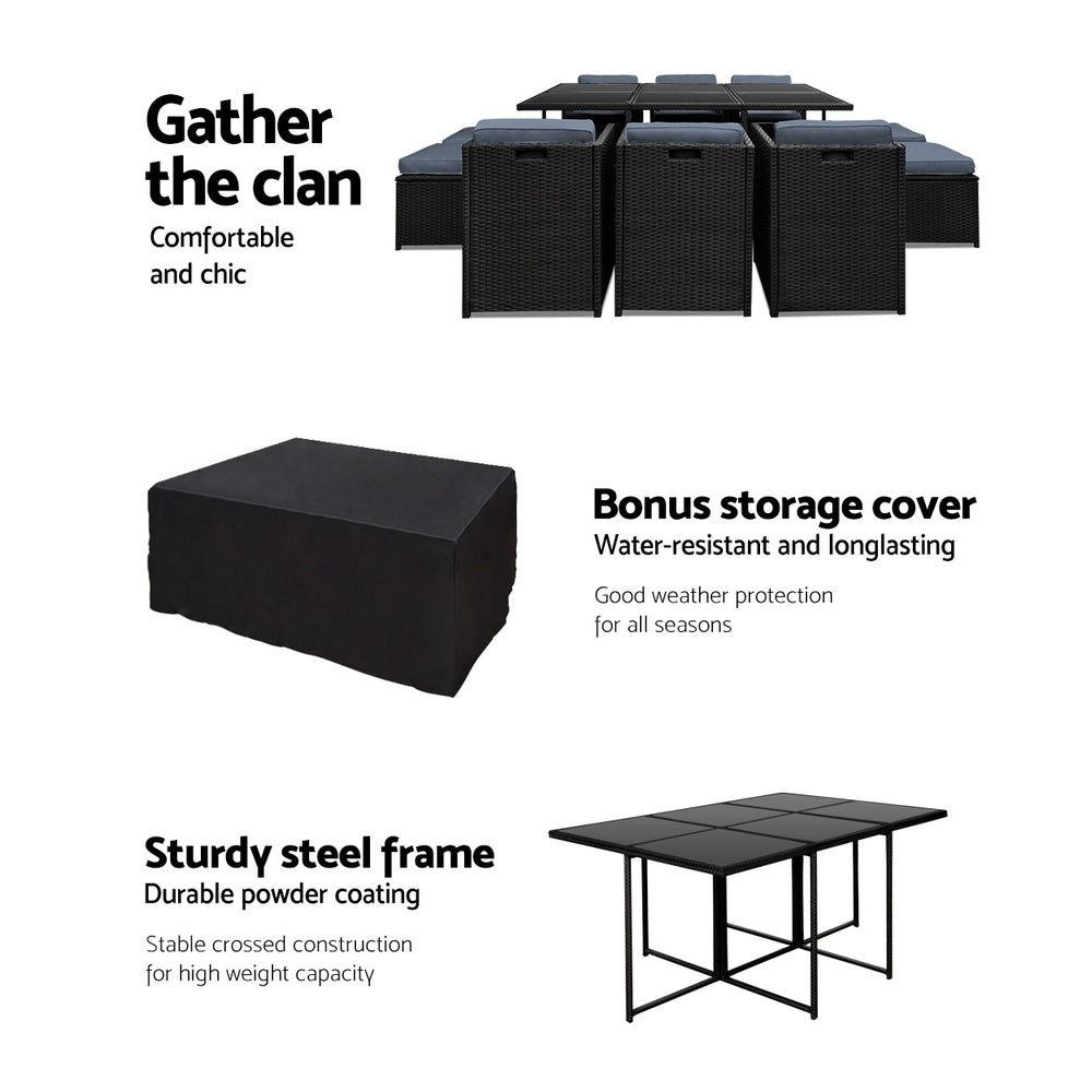 Cortino 11-Piece Outdoor Wicker Dining Set – Black – 10 Seaters