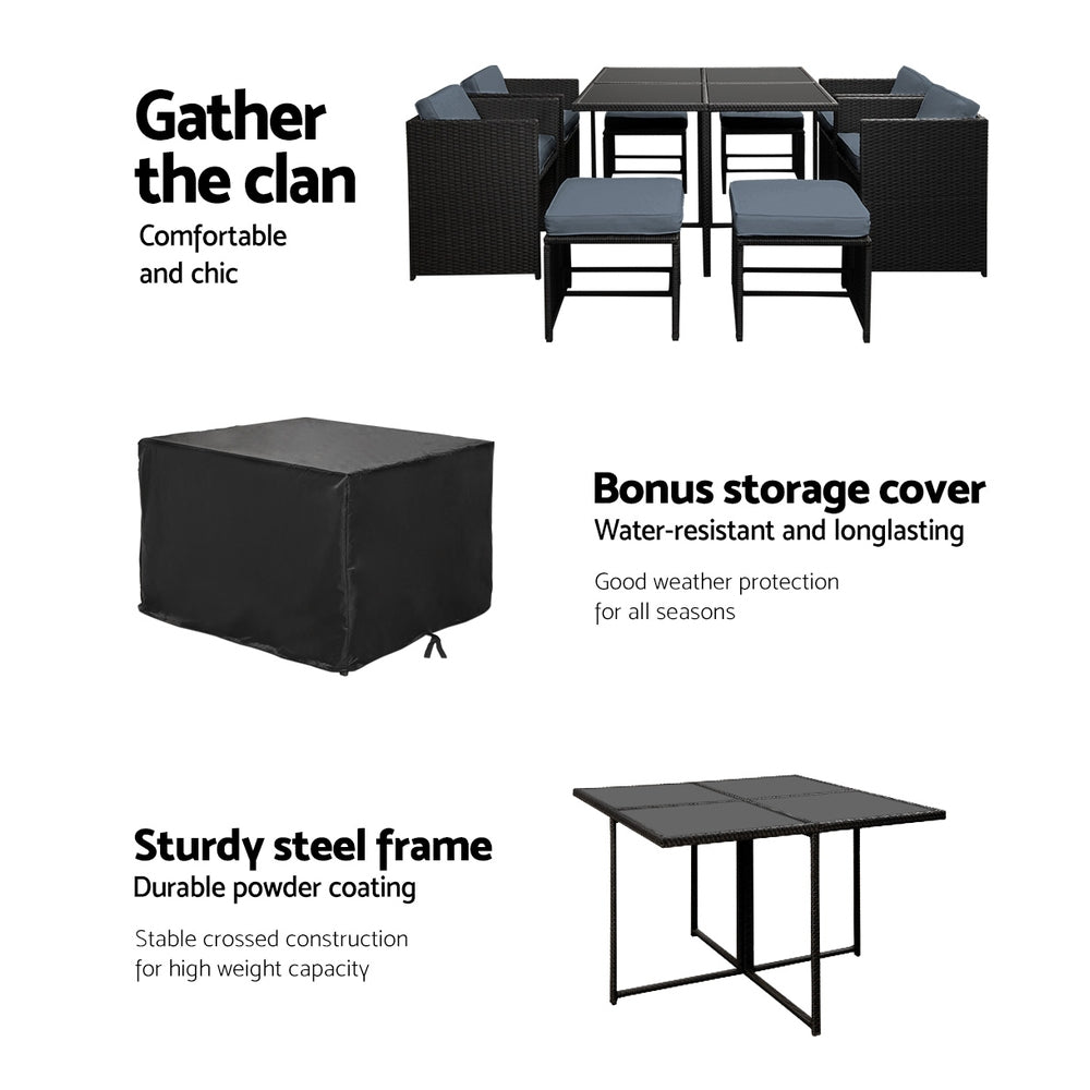 Callan 9 Piece Outdoor Wicker Dining Set – Black