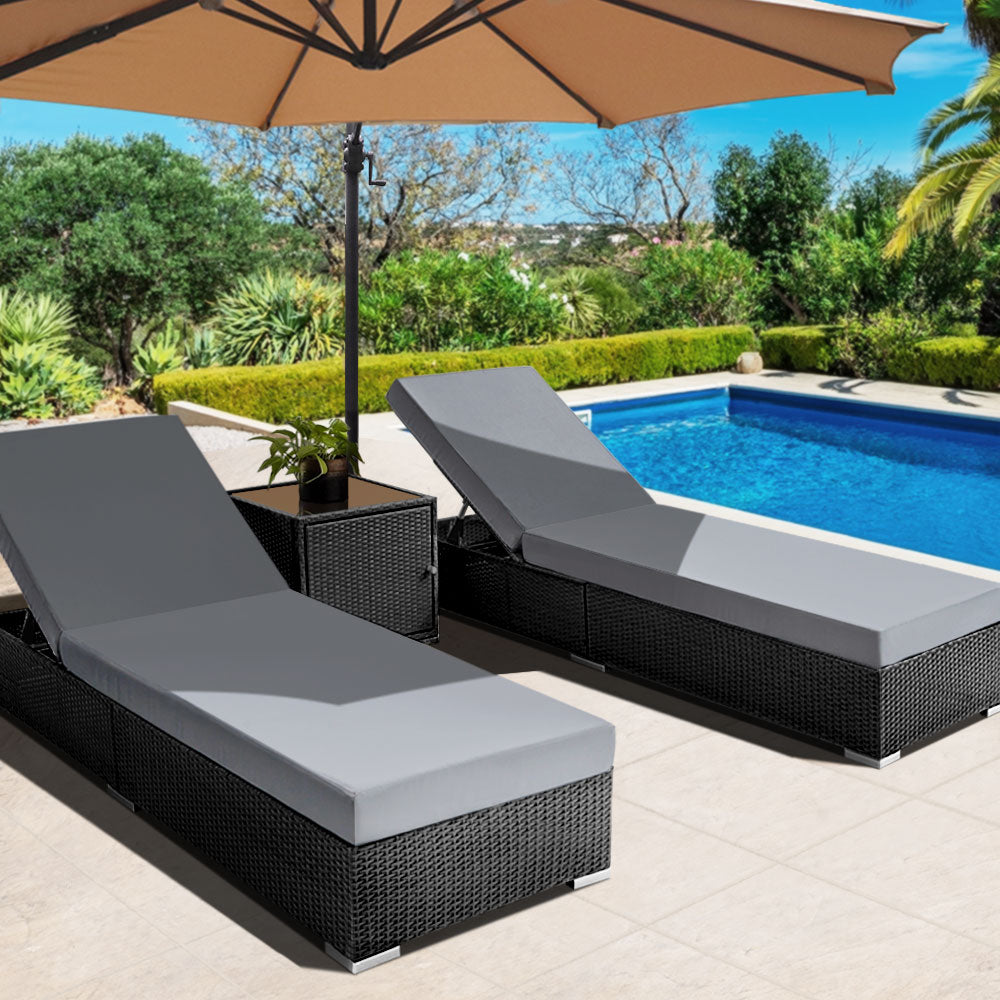 Atlas 3PC Sun Lounge Wicker Lounger Outdoor Furniture Day Bed Rattan Garden