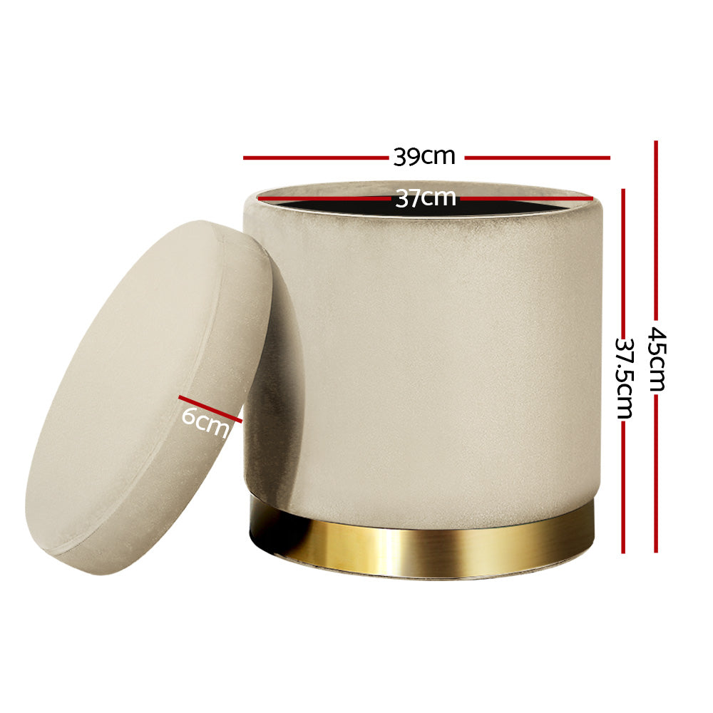 Alderon Round Velvet Storage Ottoman – Cream – 40 cm