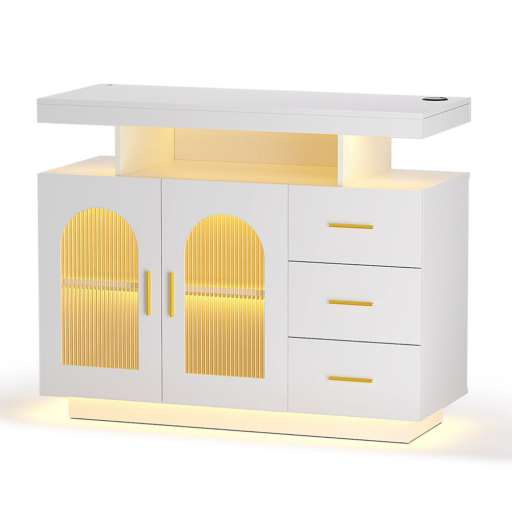 Buffet Sideboard Cabinet LED Clear Door Kitchen Storage Drawers White