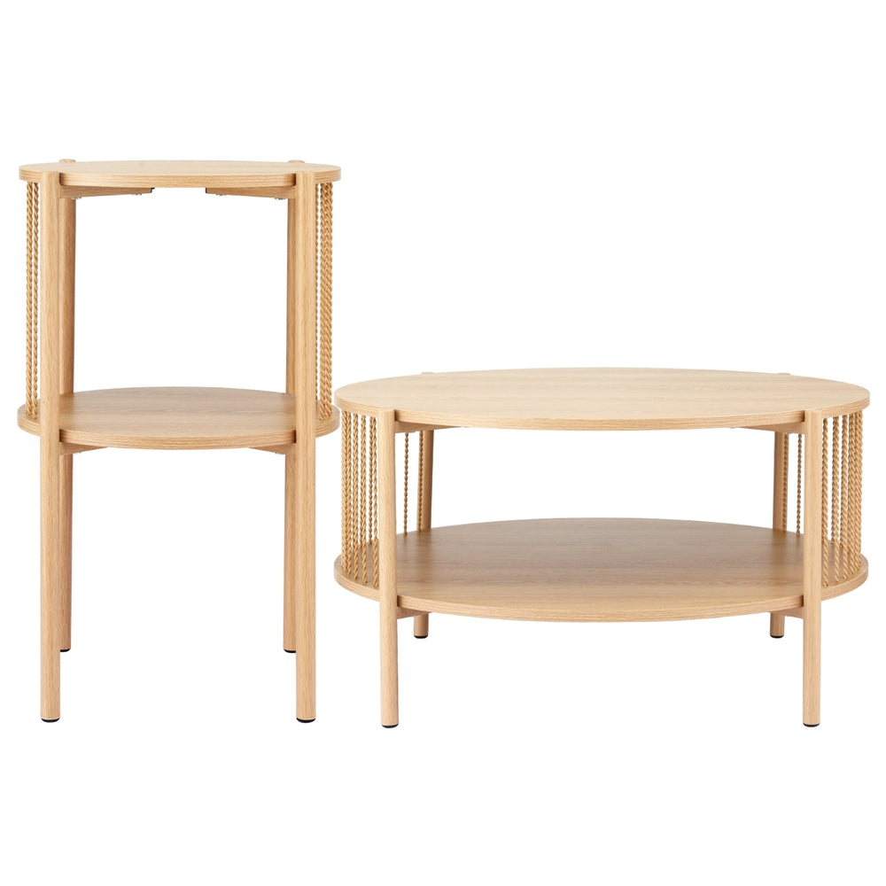 Rope Round Coffee Table Set – Brown / Wood – Set of 2
