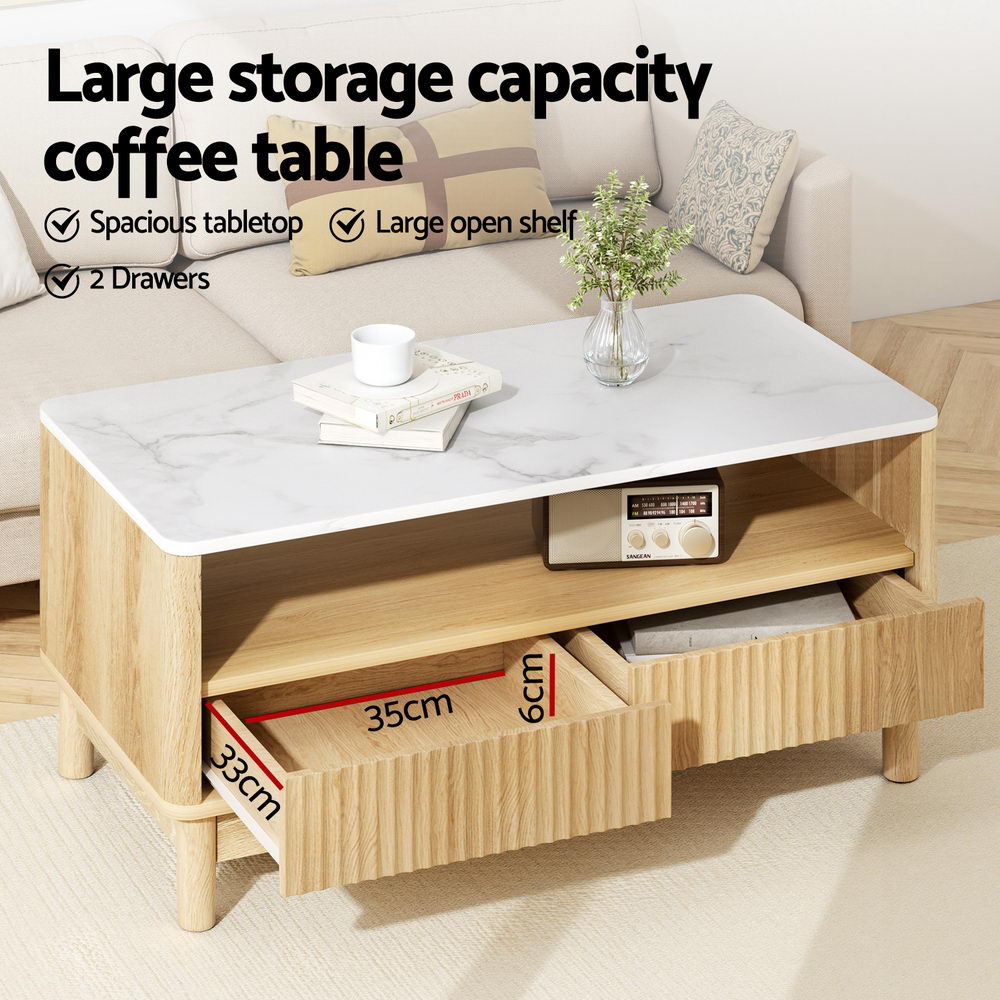 Fluted Marble Coffee Table – White – 90 cm