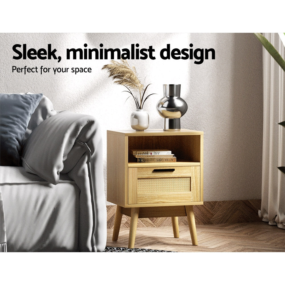 Kailani Rattan Bedside Table – Wood – 1 Drawer with Shelf