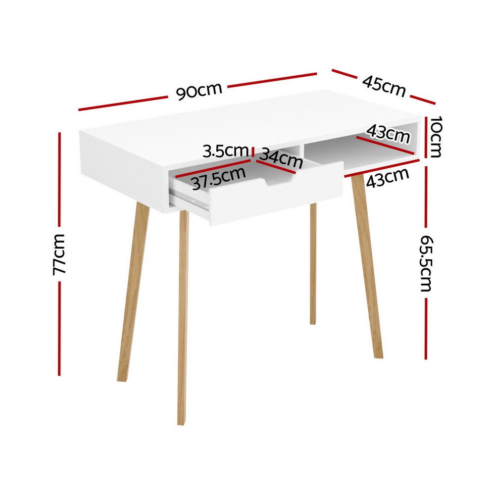 Nordic Computer Desk with Drawer & Shelf 90cm – White & Oak