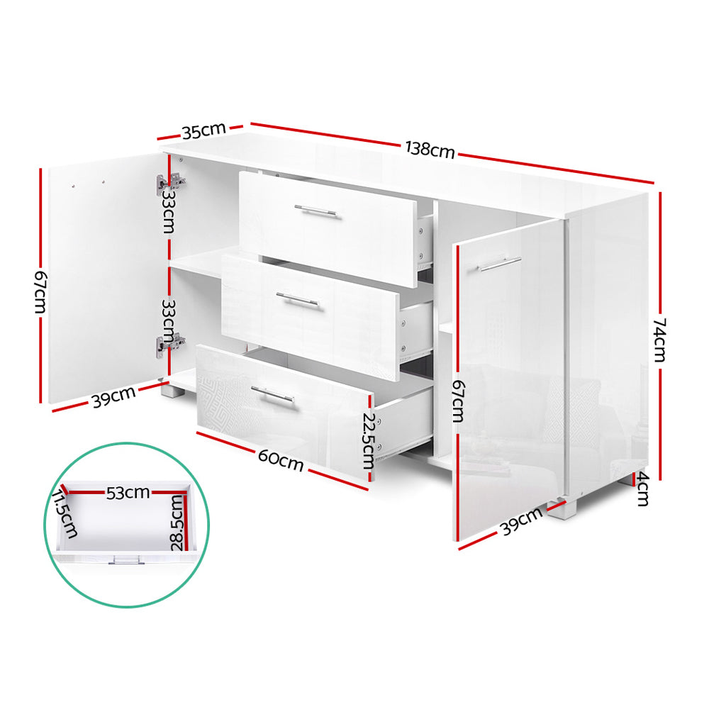 Fiora High Gloss Sideboard – White – 138 cm