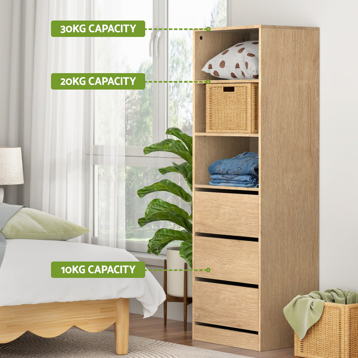 Arlo Tallboy with 3 Drawers and Shelves – Pine – 160 cm