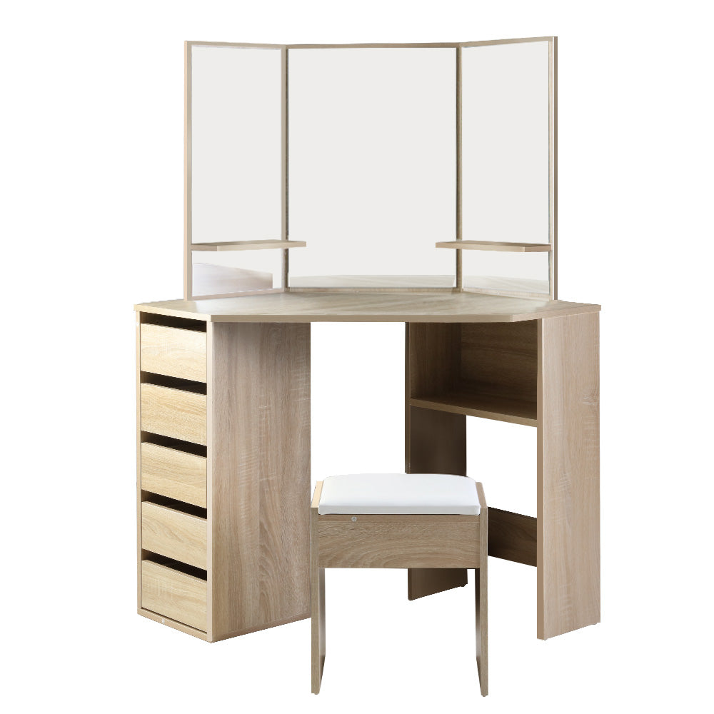 Bellaire Corner Dressing Table Set – Oak – 5 Drawers with Stool