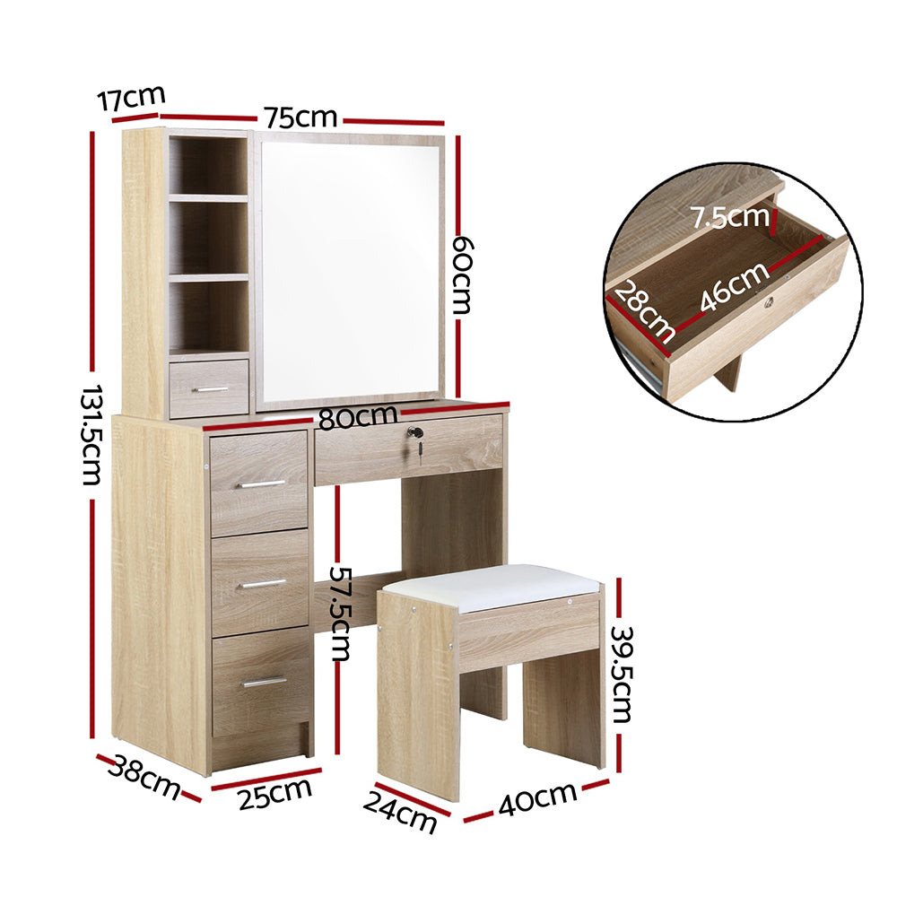 Diane Dressing Table Set – Oak – Sliding Mirror with Stool