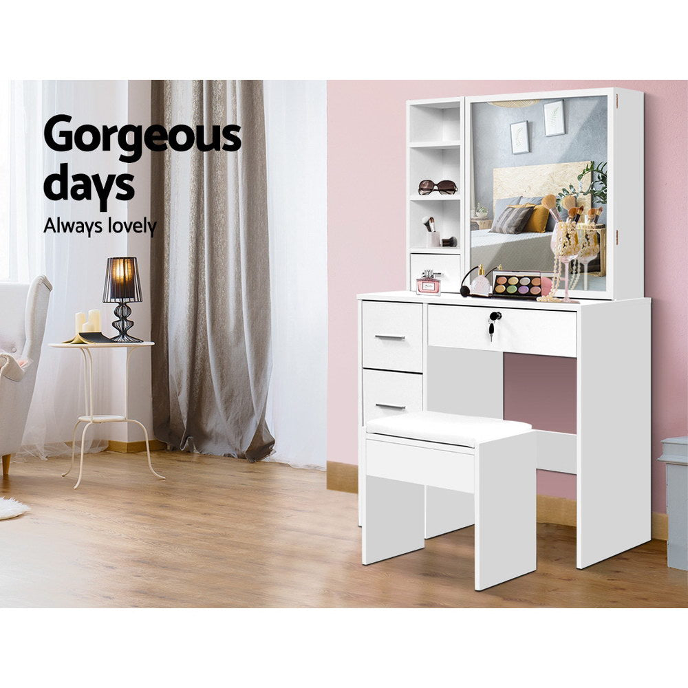 Diane Dressing Table Set with Sliding Mirror & Stool – White