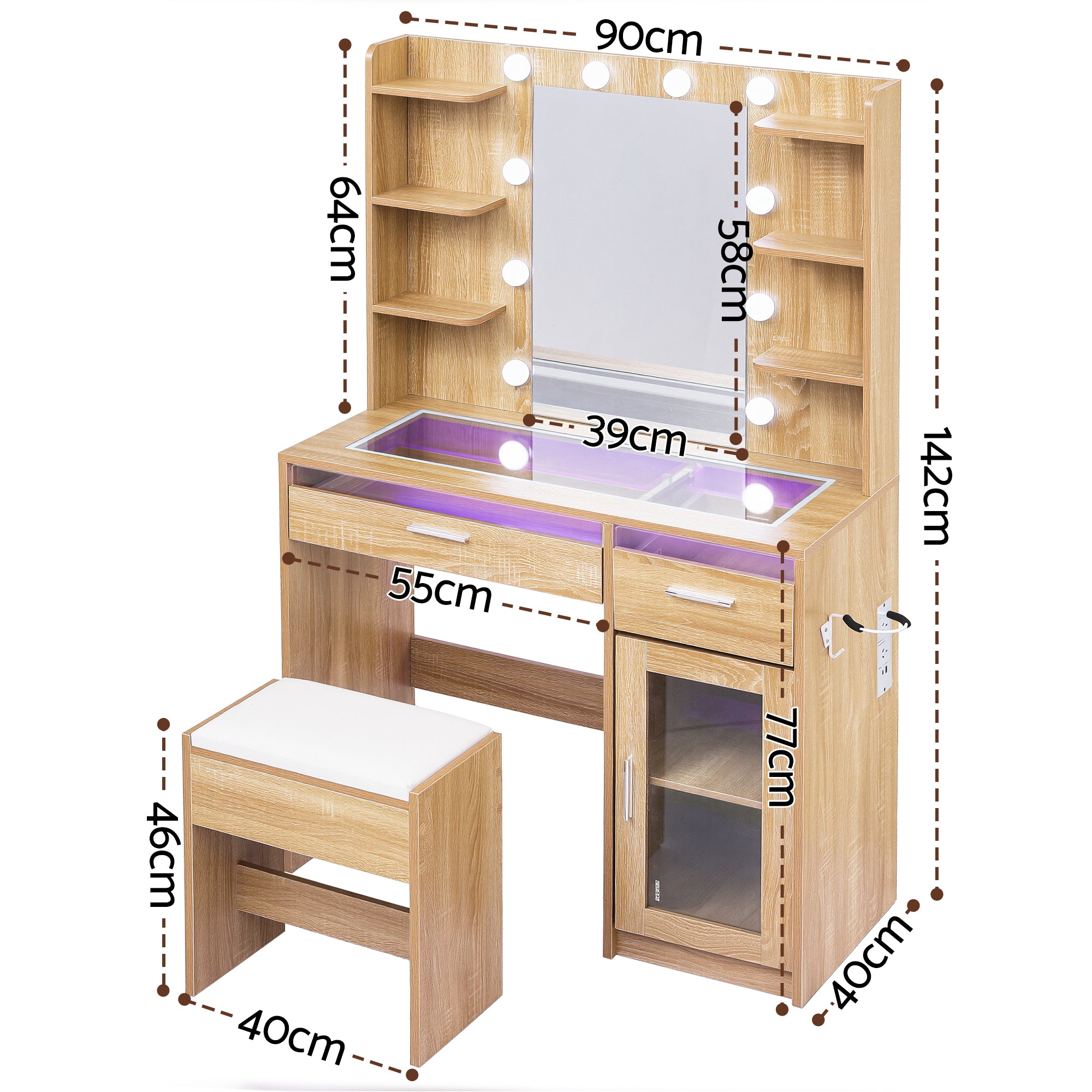 Callan LED Dressing Table Set with Stool – Wood – 90 cm