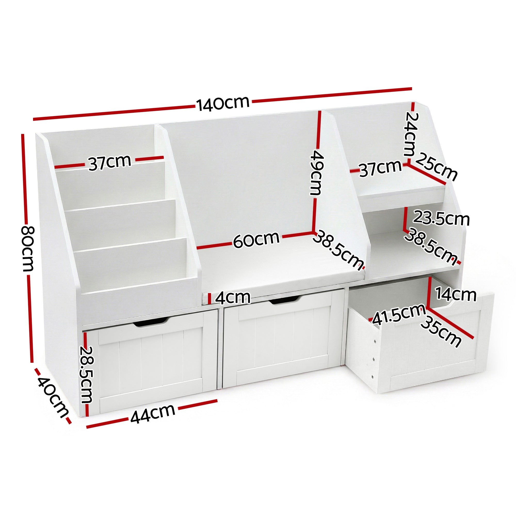 Halston Kids Storage Bookshelf with Bench – White – 140 cm