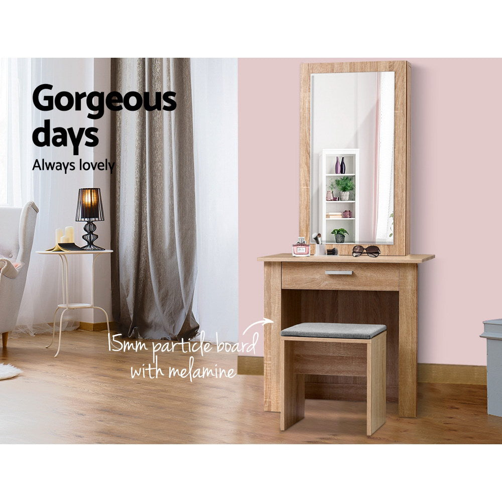 Halston Dressing Table & Stool Set with Sliding Mirror – Oak – 74 cm