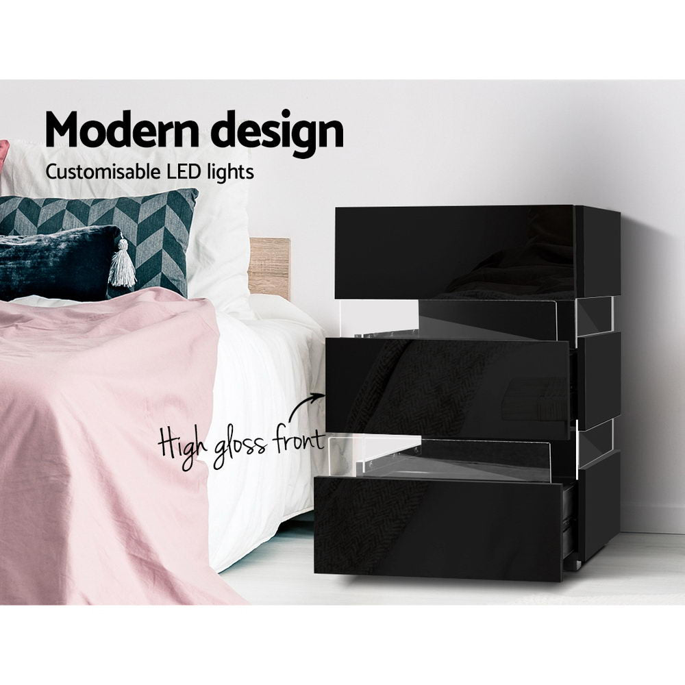 Lumi LED Bedside Table – Black – 3 Drawers