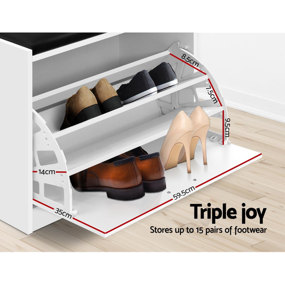 Kyla Storage Bench with Shoe Cabinet – White – 15 Pairs