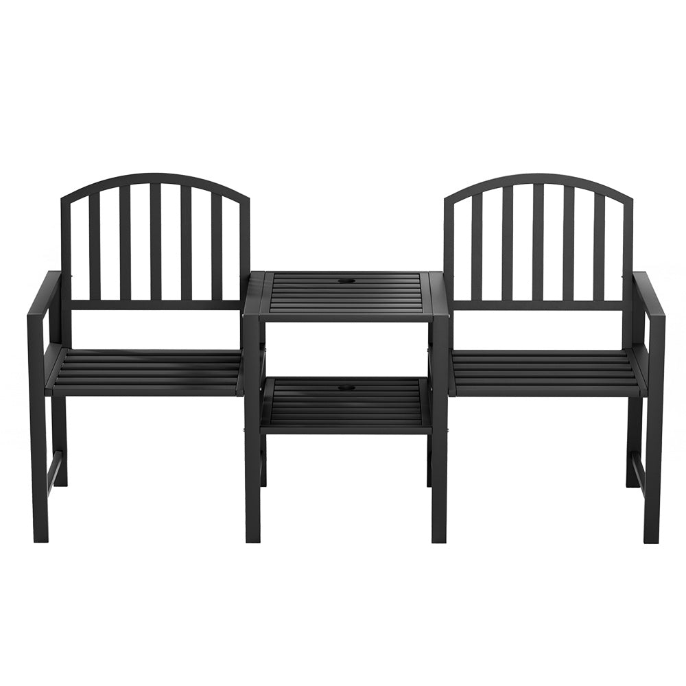 Alderon Steel Loveseat Bench with Table – Black – Outdoor