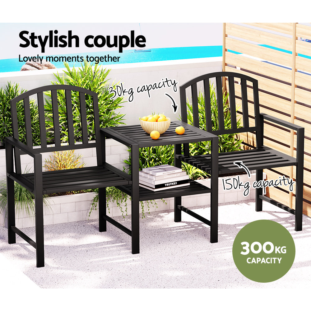 Alderon Steel Loveseat Bench with Table – Black – Outdoor