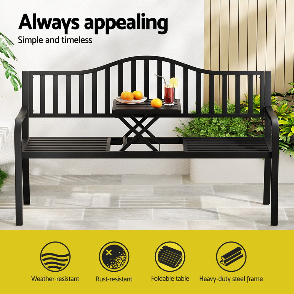 Marston Steel Garden Bench with Foldable Table – Black – Outdoor