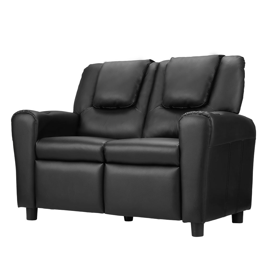 Kids Recliner Chair PU Leather Sofa Lounge Couch Armchair Black – Double