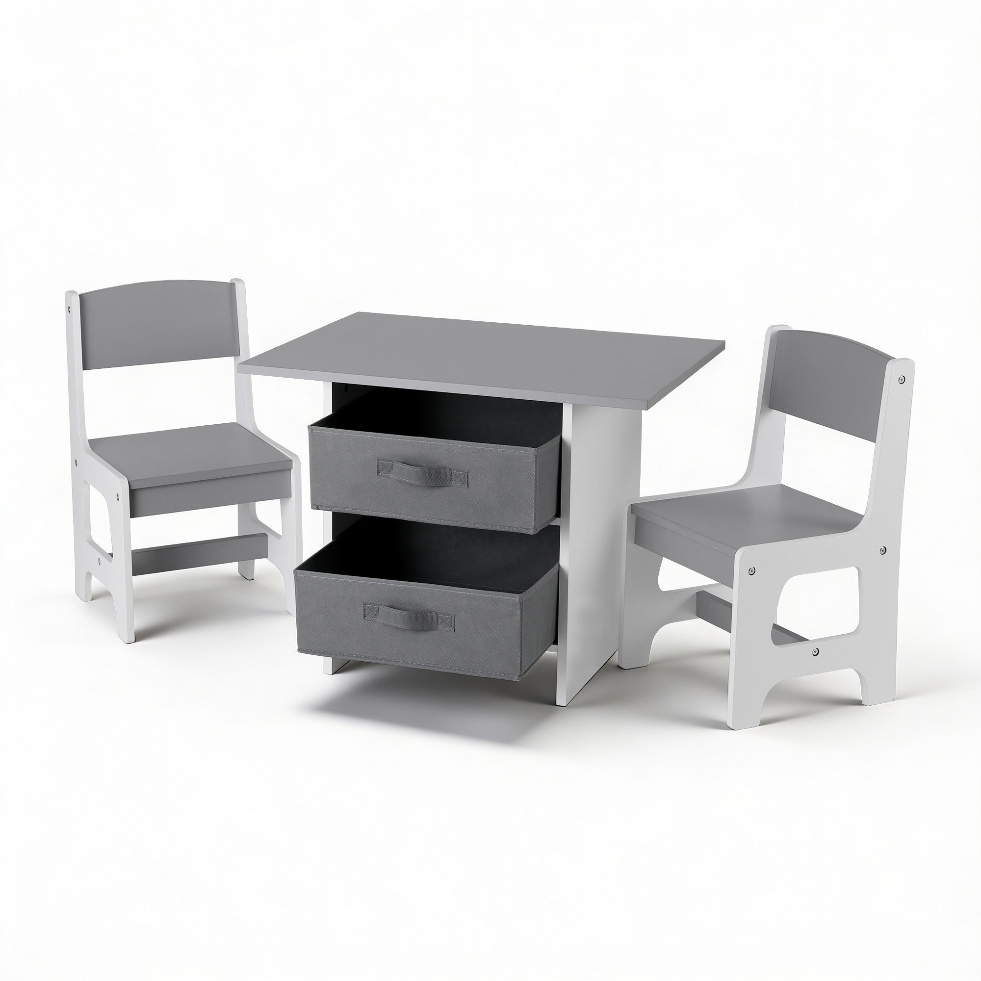 Kids Table and 2 Chairs Set Wooden Activity Table wit 2 Storage Drawers, Toddler Table and Chair Set for Children Drawing, Reading, Crafts, Eating, Grey